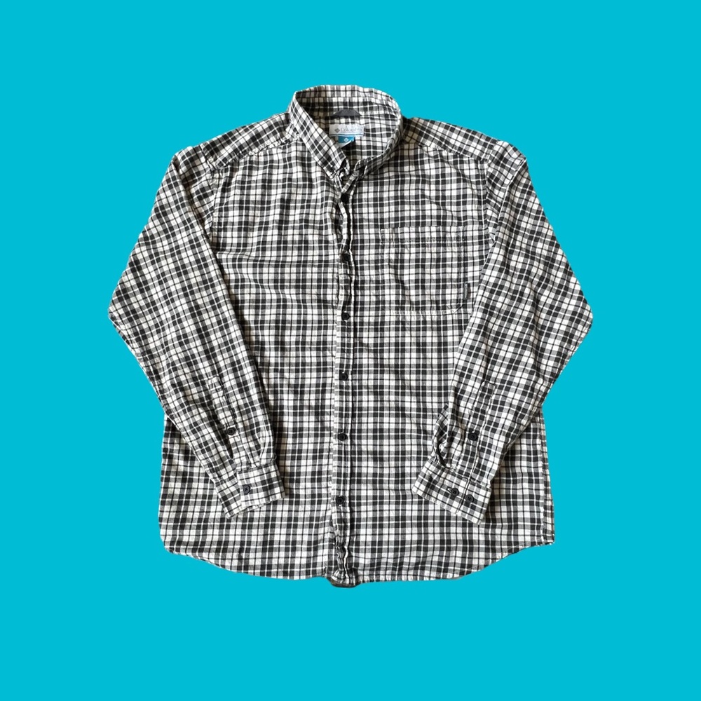 Columbia Button Shirt Casual Black White Micro Plaid Men Size XL